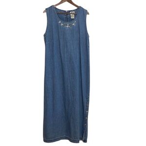 Vintage Denim Dress Womens 14 Blue Jean Sleeveless Maxi Shift Embroidered Floral